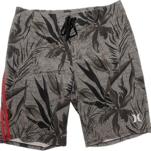 Hurley Gray Tropical Print Swim Board Shorts with Red Side Stripes
